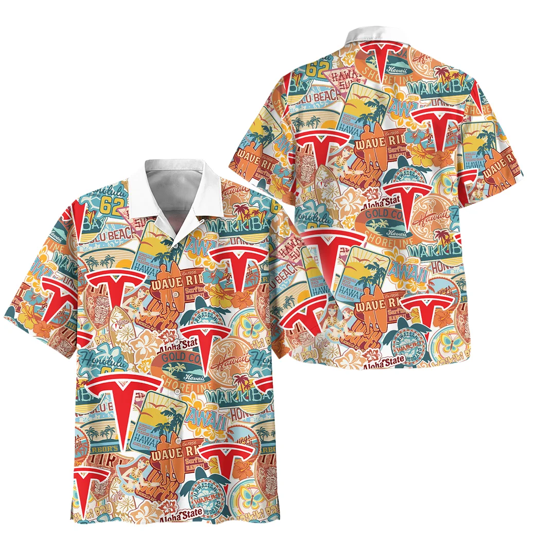 Tesla Hawaiian Shirt Exclusive Logo, Chrome Wave Button Shirt HVN1539TE