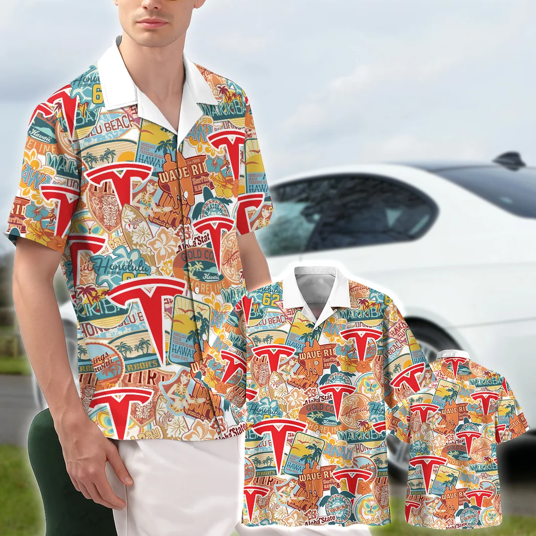 Tesla Hawaiian Shirt Exclusive Logo, Chrome Wave Button Shirt HVN1539TE